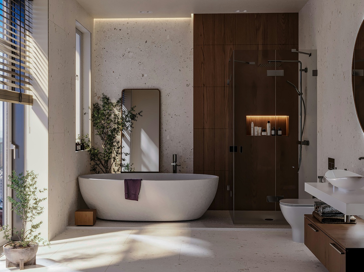 Kylpyhuone, jossa kylpyamme ja kylpyhuonekalusteet.