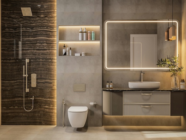 Referenssi kuva viimeistellystä beigen värisestä kylpyhuoneesta